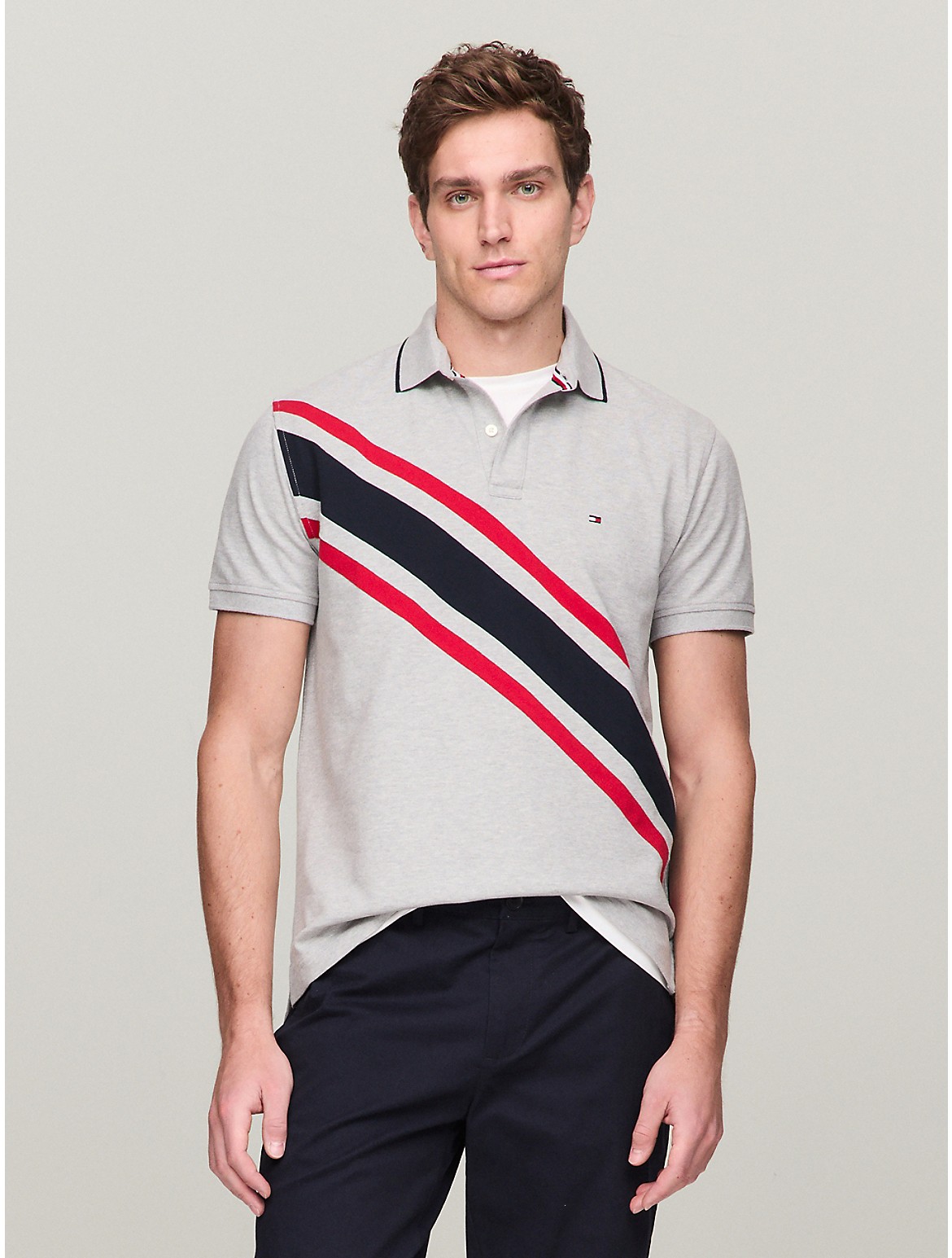 Shop Tommy Hilfiger Regular Fit Banner Stripe Polo In Grey Heather
