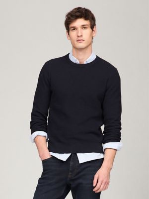 Grid Stitch Crewneck Sweater, Navy