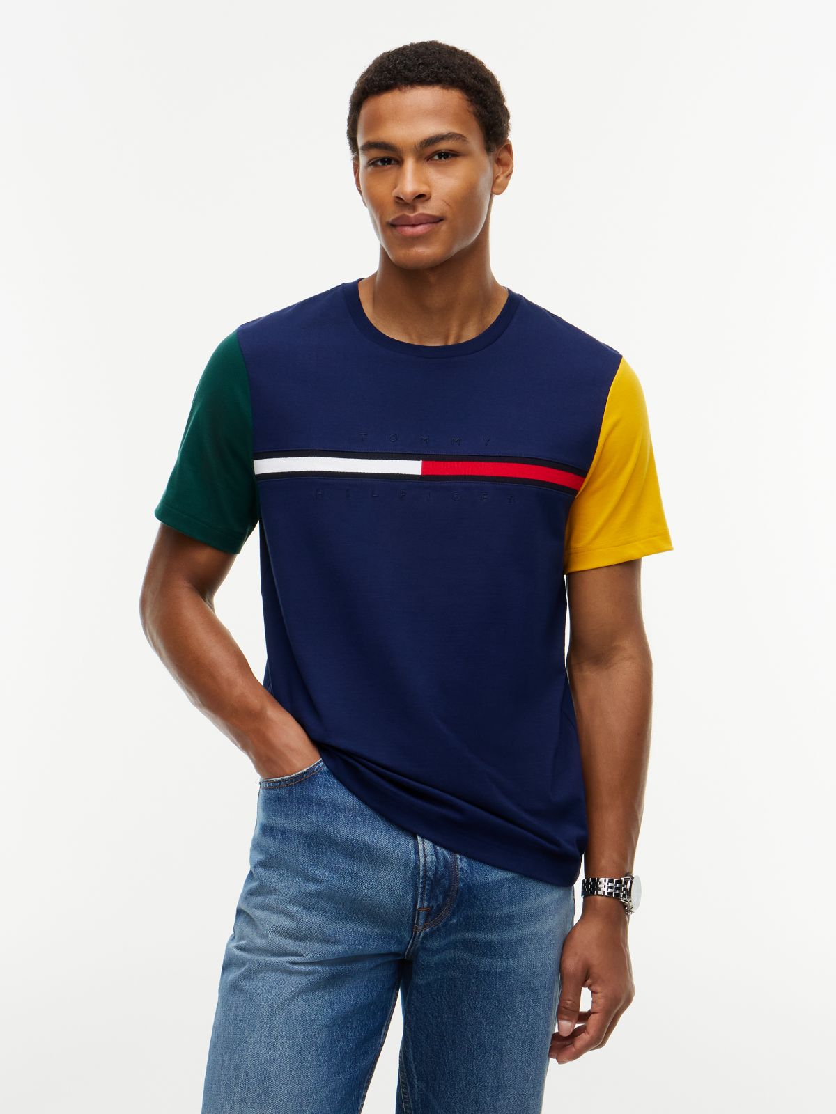 Colorblock Flag Stripe Logo T-Shirt — Carbon Navy