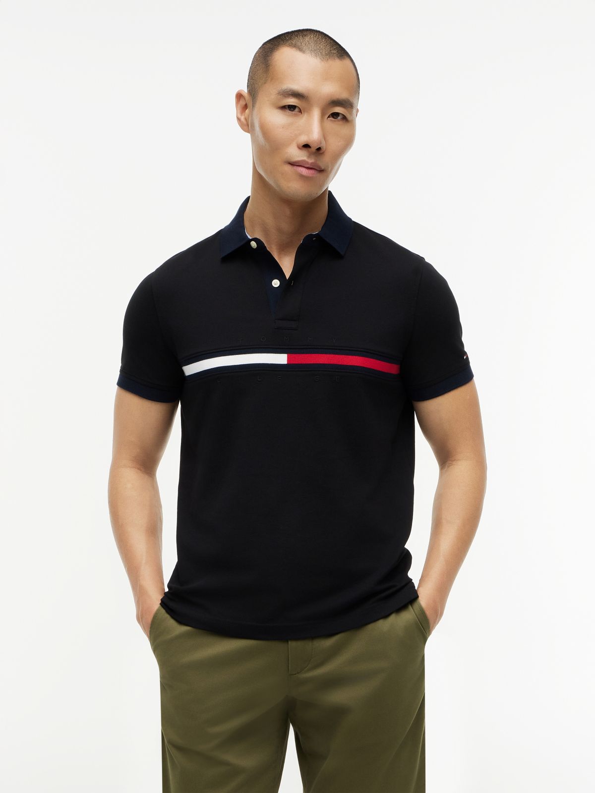 Embroidered Stripe Regular Fit Polo — Black