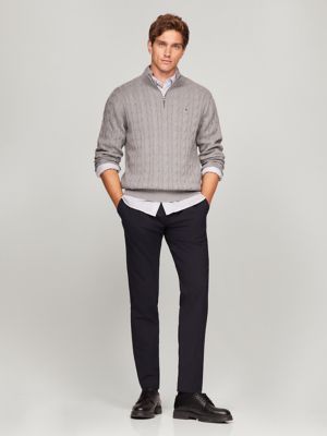 Cable Knit Quarter-Zip Sweater, Grey Heather