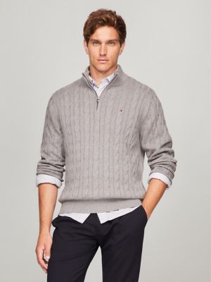 Cable Knit Quarter-Zip Sweater, Grey Heather