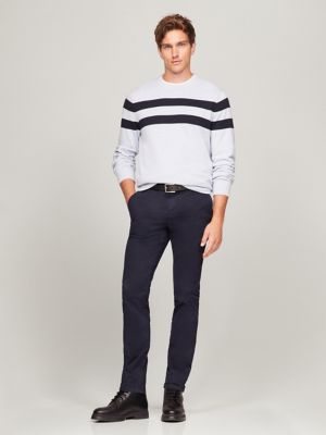 Double Stripe Crewneck Sweater, Light Blue Heather