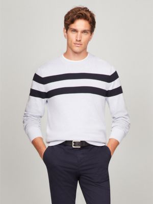 Double Stripe Crewneck Sweater, Light Blue Heather