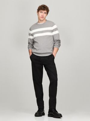 Double Stripe Crewneck Sweater, Grey Heather
