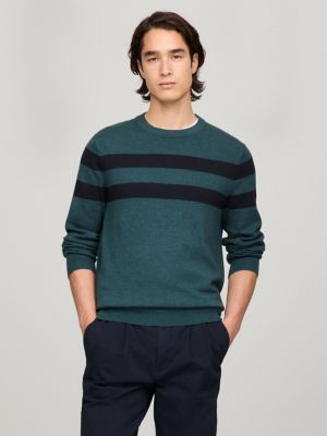 Tommy Hilfiger XL Green Black Striped on sale Sweater