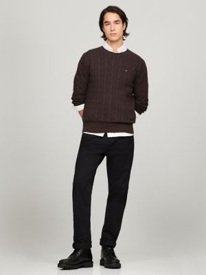Cable Knit Crewneck Sweater, Brown Heather