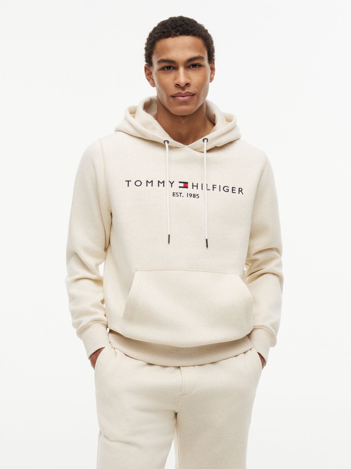 Embroidered Tommy Logo Hoodie — Beige