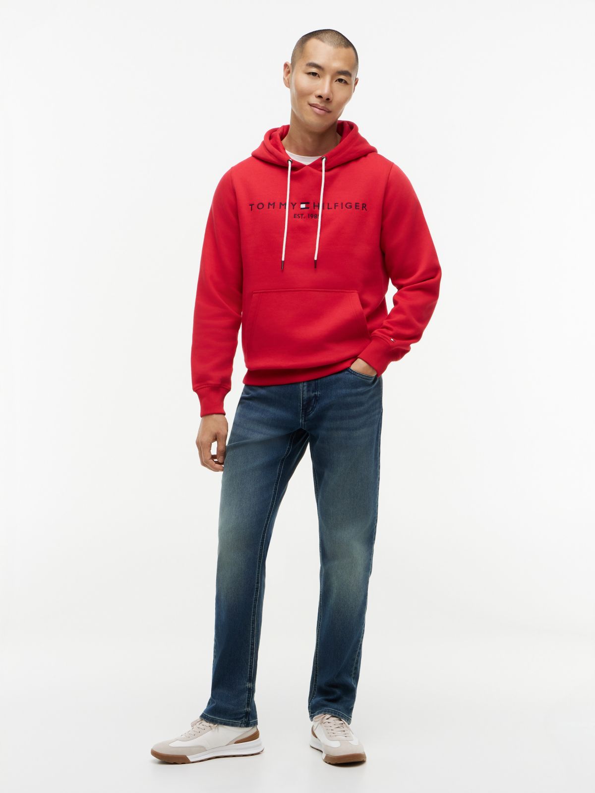 Embroidered Tommy Logo Hoodie — Primary Red