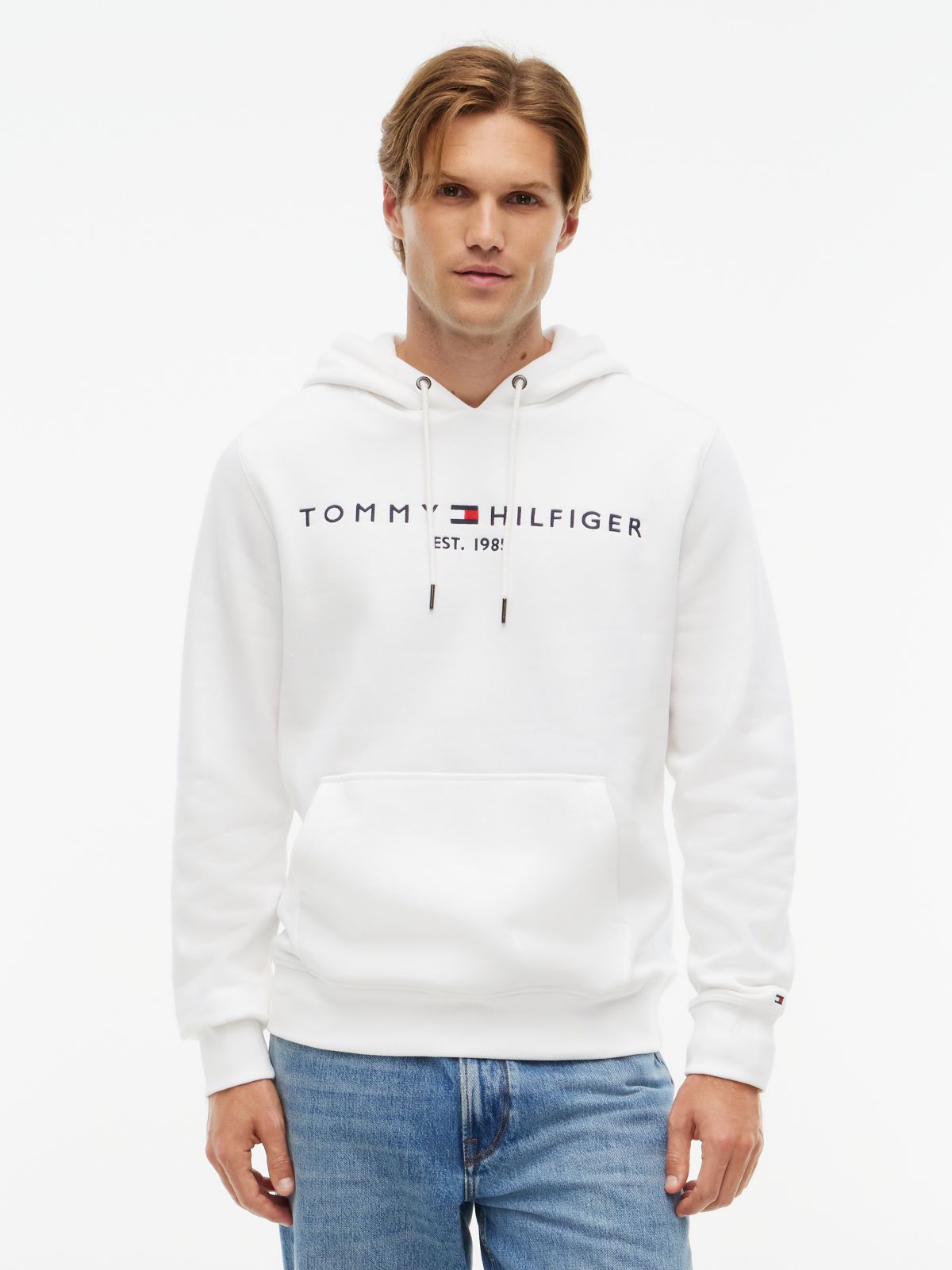 Embroidered Tommy Logo Hoodie — Fresh White