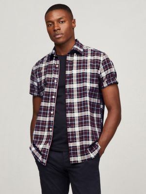 Regular Fit Short-Sleeve Plaid Oxford Shirt, Navy