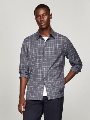 Regular Fit Line Check Poplin Shirt, Carbon Navy