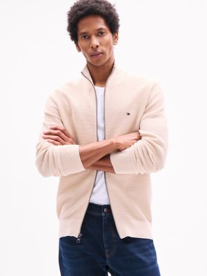 Textured Stitch Zip Mockneck Cardigan, Classic Beige