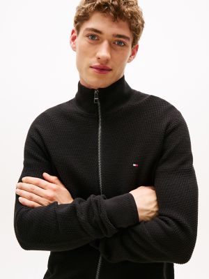 Textured Stitch Zip Mockneck Cardigan, Black