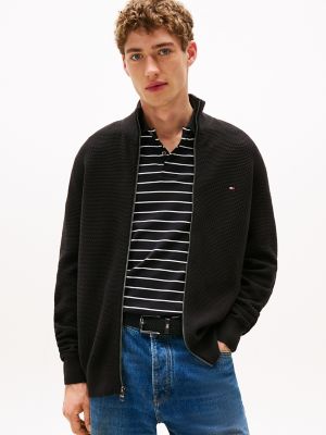Textured Stitch Zip Mockneck Cardigan, Black
