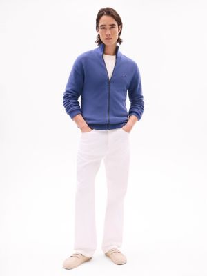 Textured Stitch Zip Mockneck Cardigan, Faded Indigo