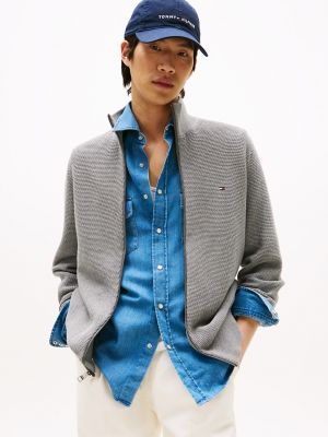 Textured Stitch Zip Mockneck Cardigan, Grey