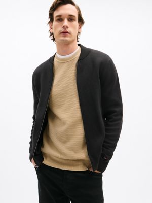 Cotton Zip Baseball Cardigan, Black