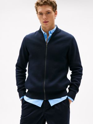 Cotton Zip Baseball Cardigan, Navy