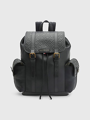 타미 힐피거 Tommy Hilfiger Premium Leather Flap Backpack,BLACK