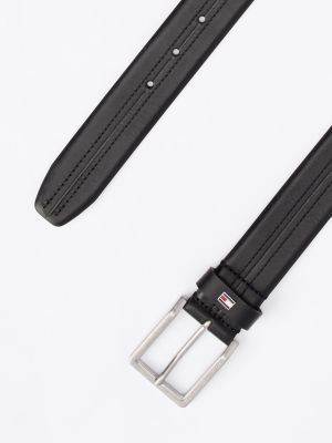 Tommy Logo Stitch Leather Belt, Black