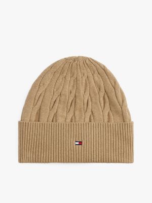 Cable Knit Wool-Cotton Beanie, Camel