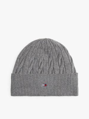Cable Knit Wool-Cotton Blend Beanie, Mid Grey Heather