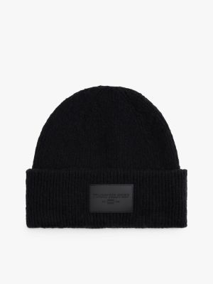 Leather Patch Logo Wool Beanie, Black