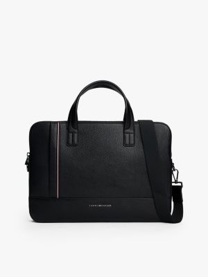 Logo Stripe Pebbled Laptop Bag, Black