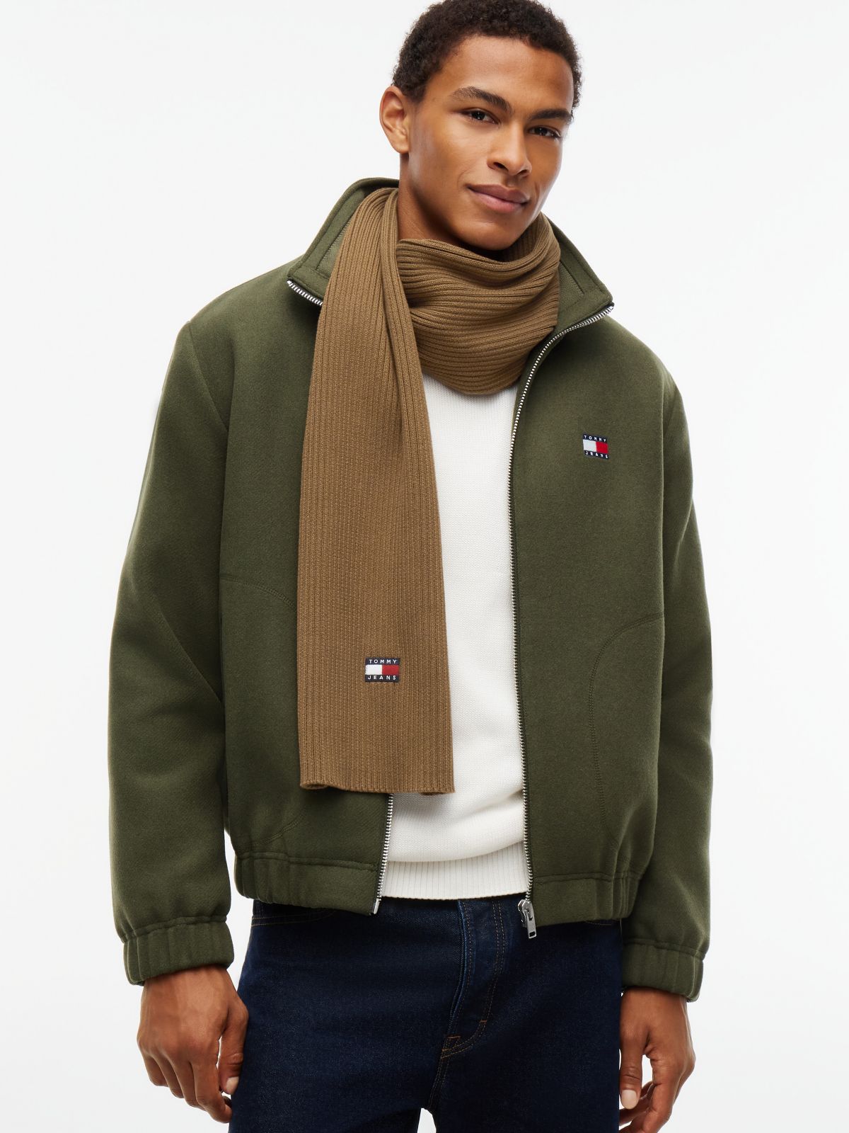 Tommy Jeans Badge Rib-Knit Scarf — Warm Khaki