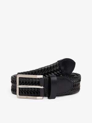 Square Buckle Woven Leather Belt, Black