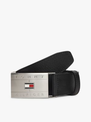 Flag Buckle Plate Leather Belt, Black