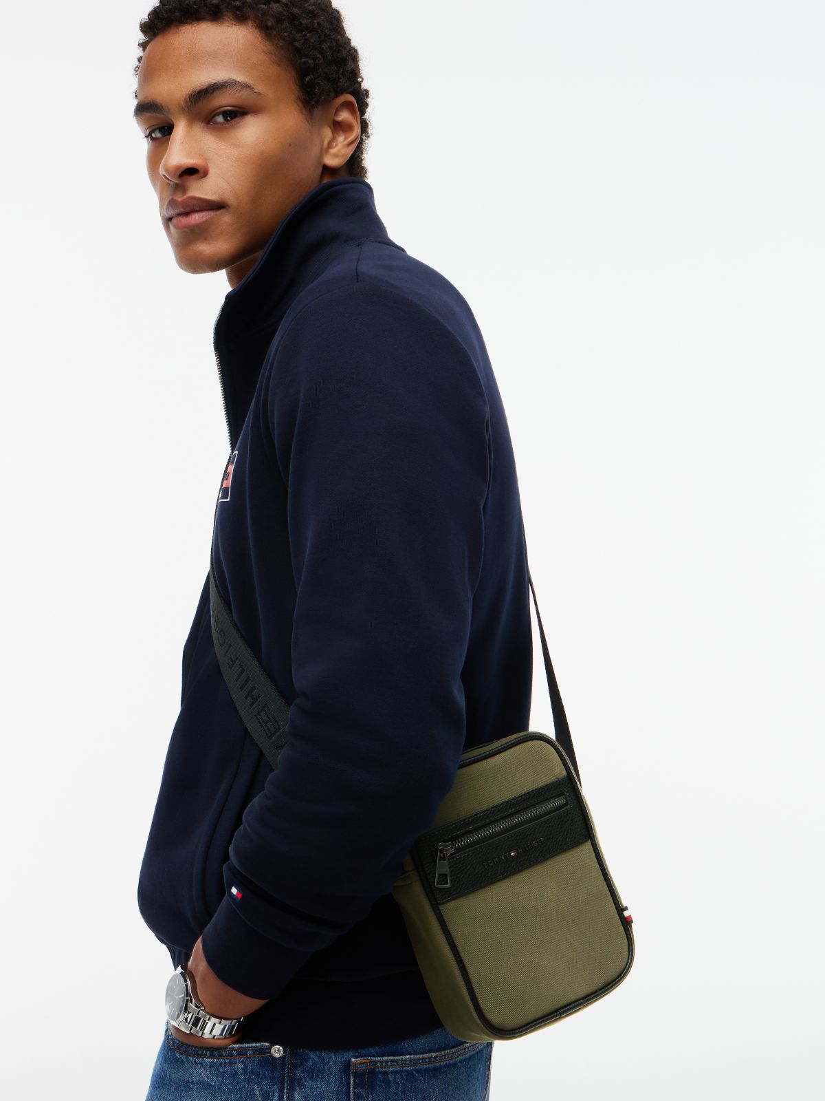 Water-Repellent Mixed-Media Reporter Bag — Platinum Olive