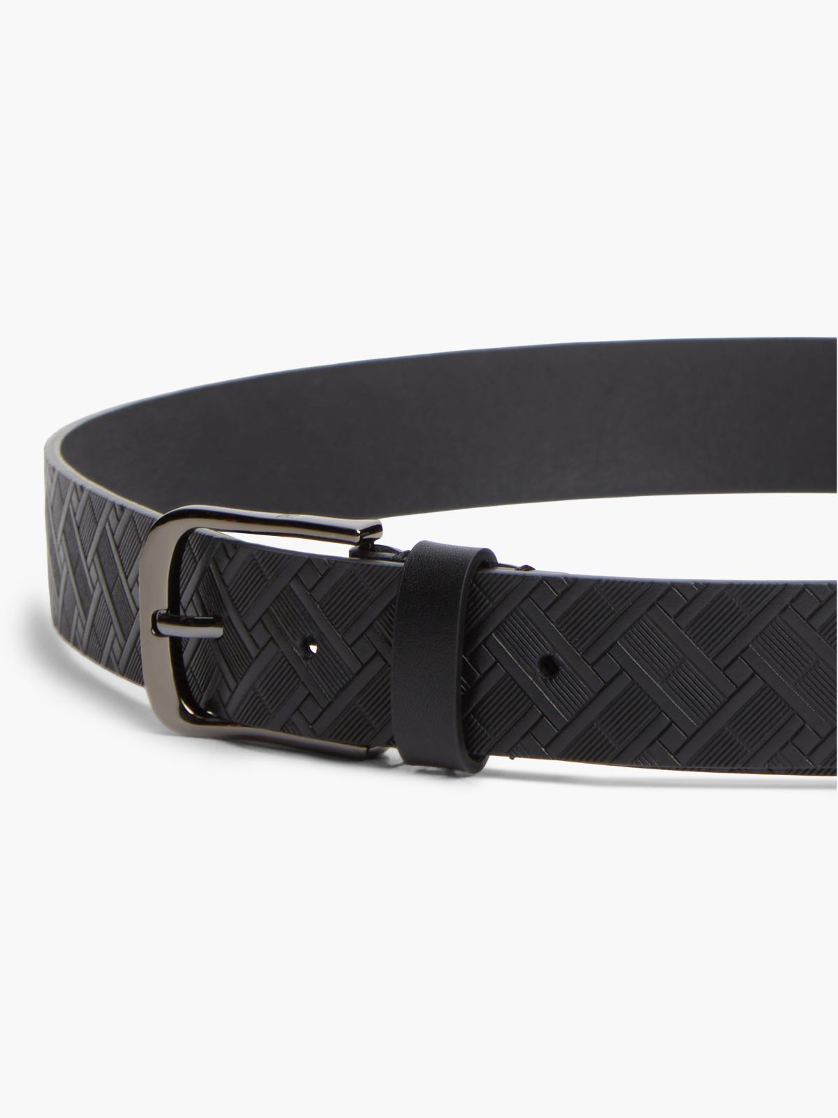 Square Buckle Embossed Leather Belt — Black