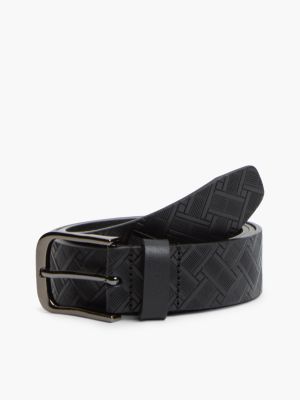 Square Buckle Embossed Leather Belt, Black