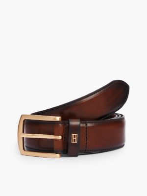 Square Buckle Burnished Leather Belt, Brown Heather