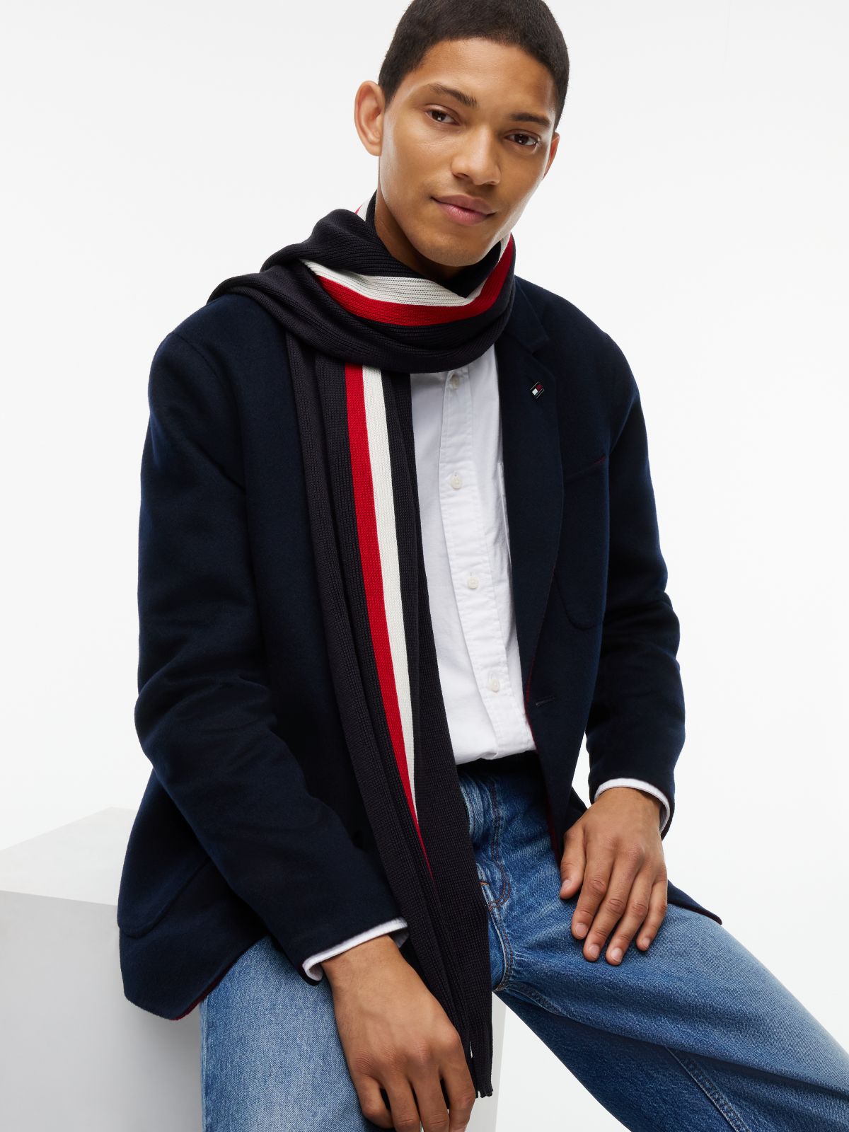 Signature Stripe Wool-Blend Scarf — Space Blue