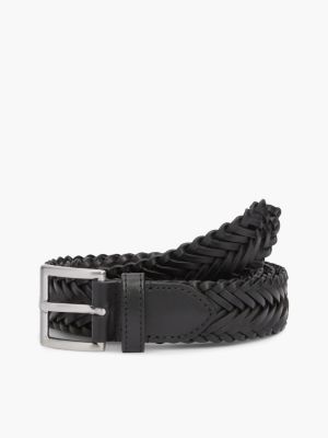 Square Buckle Woven Leather Belt, Black