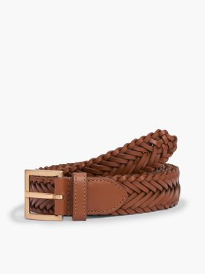 Square Buckle Woven Leather Belt, Winter Cognac