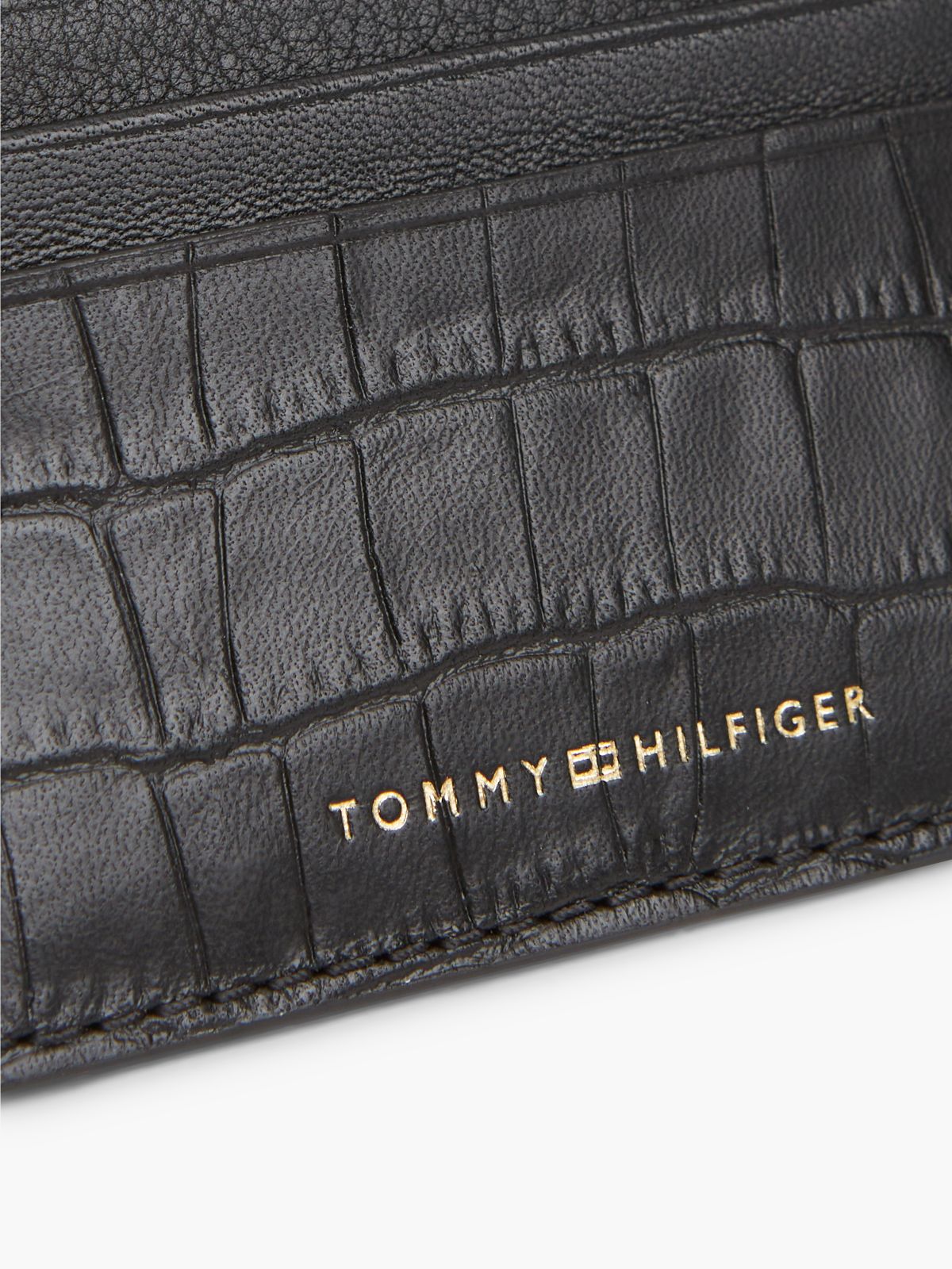 Croc-Embossed Leather Card Holder — Black