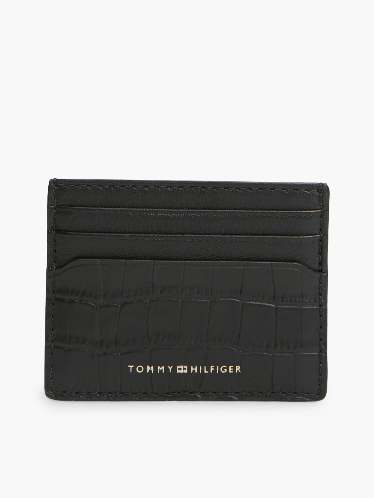 Croc-Embossed Leather Card Holder — Black