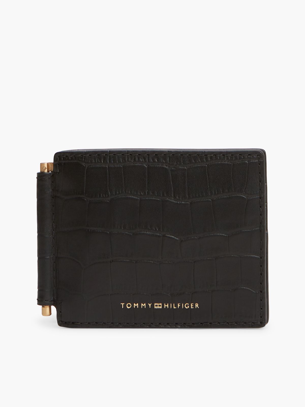 Croc-Embossed Leather Bifold Wallet — Black