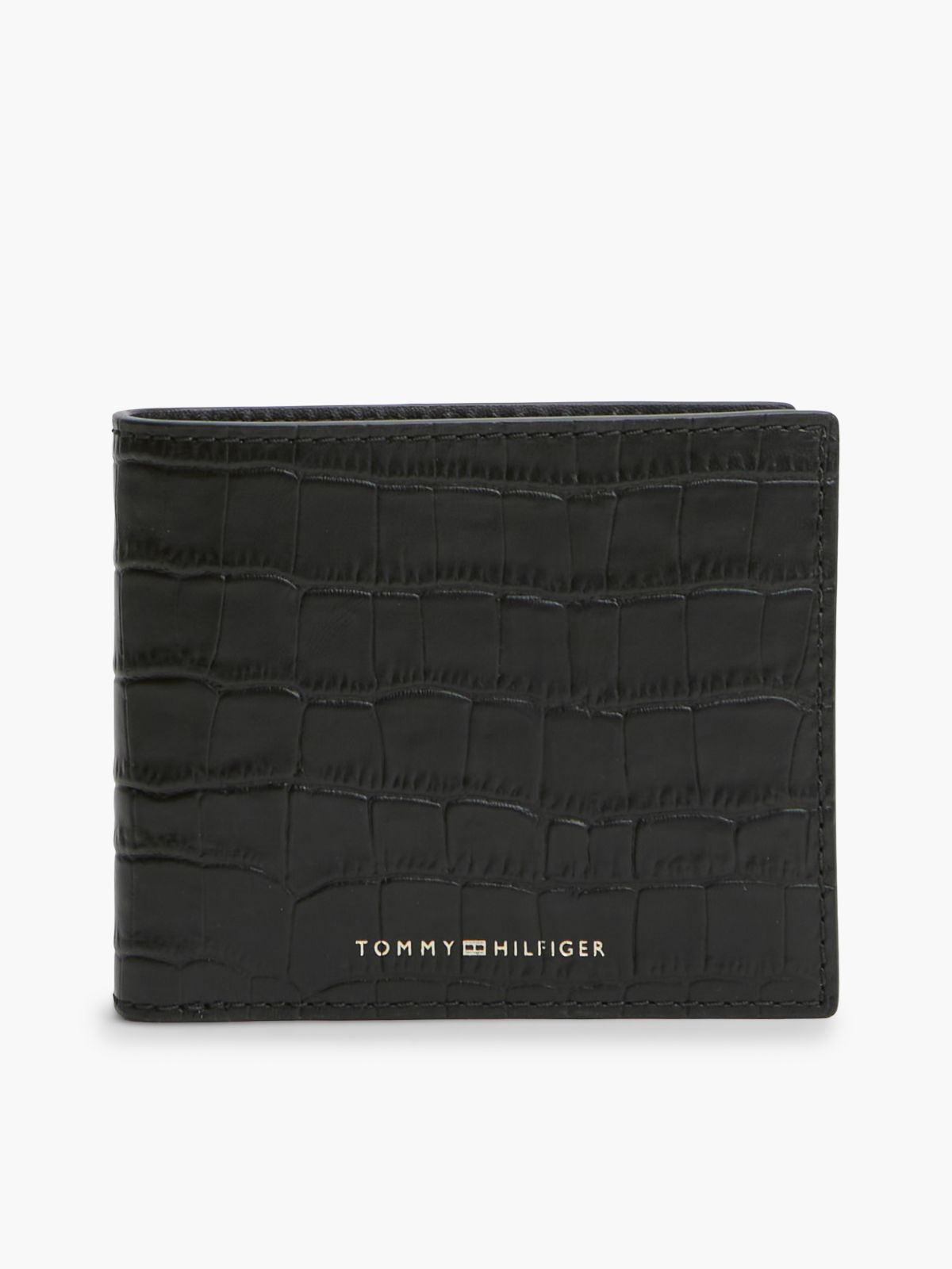 Croc-Embossed Leather Card & Coin Wallet — Black
