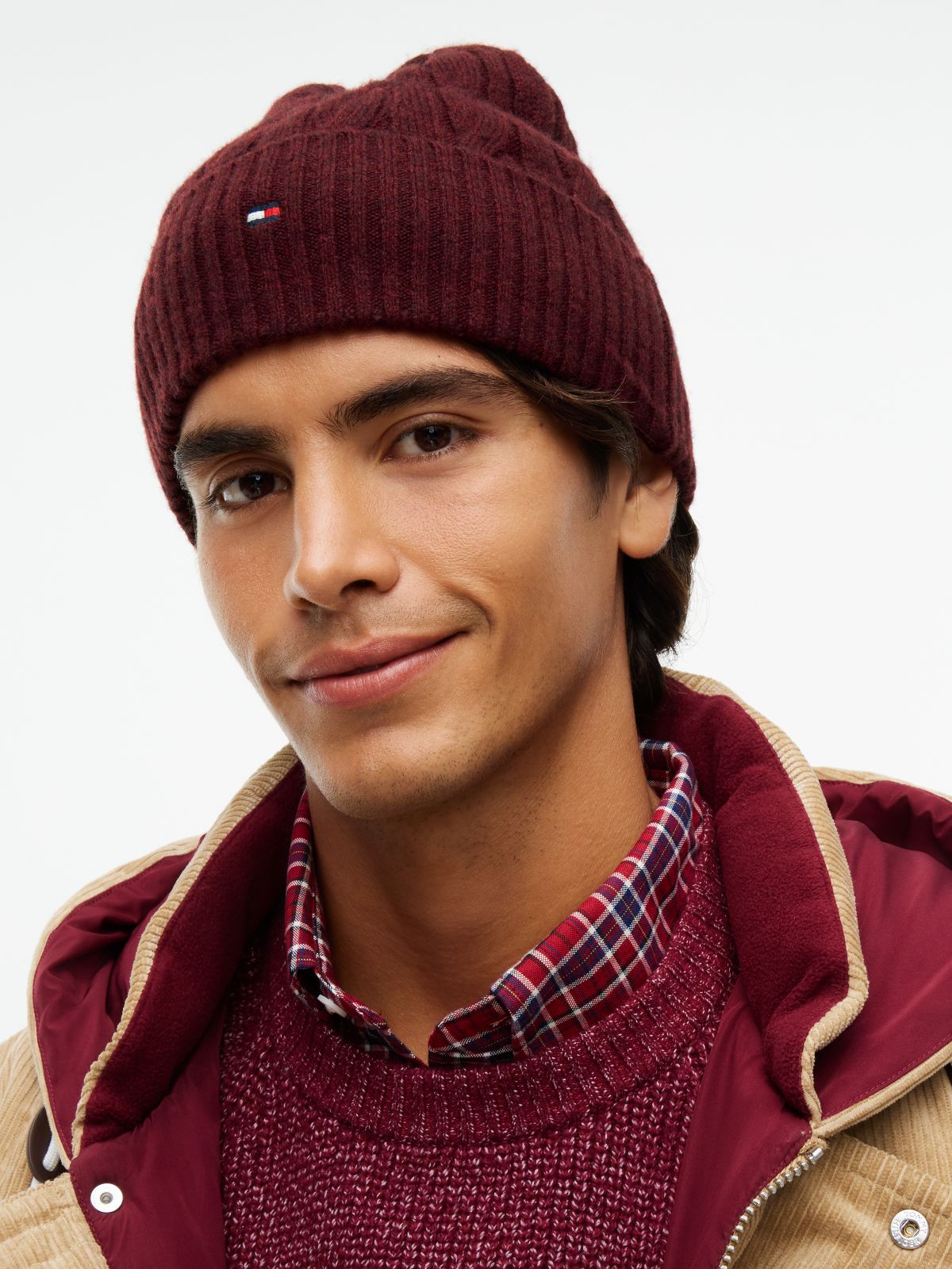 Cable Knit Wool-Blend Beanie — Deep Burgundy