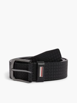 Square Buckle Allover Flag Leather Belt, Black