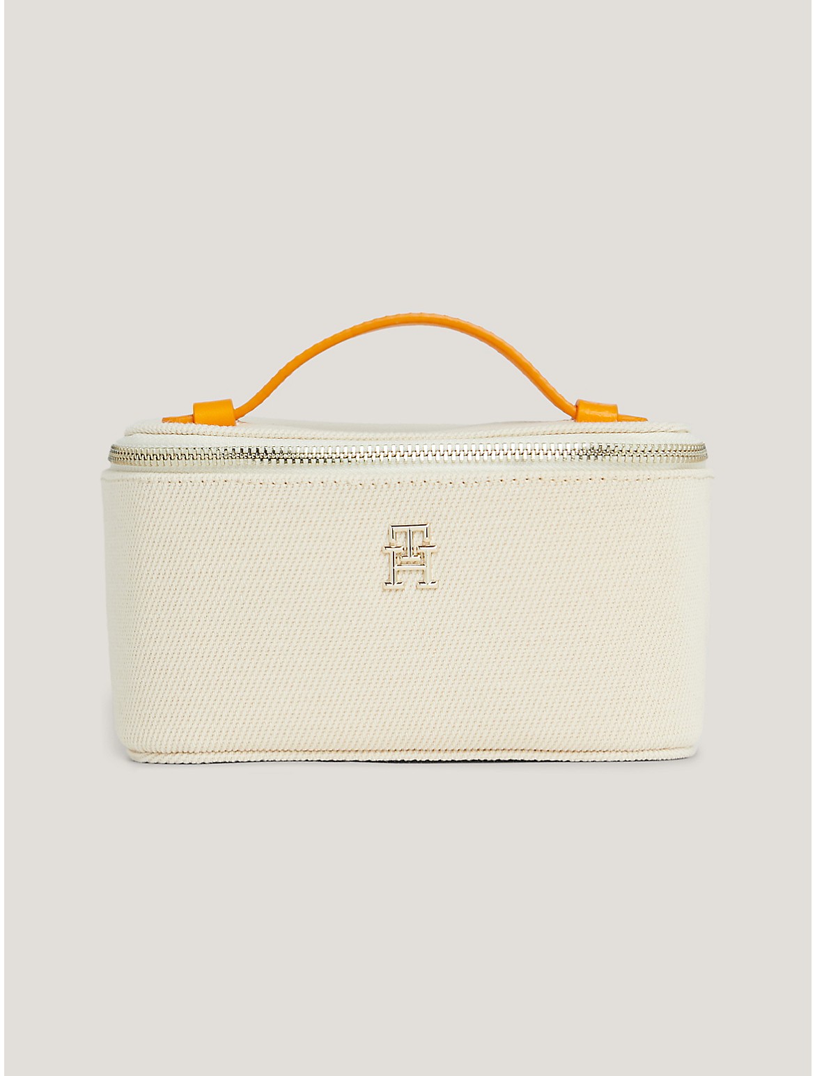 Shop Tommy Hilfiger Th Logo Canvas Vanity Case In Rich Ochre / Natural Canvas