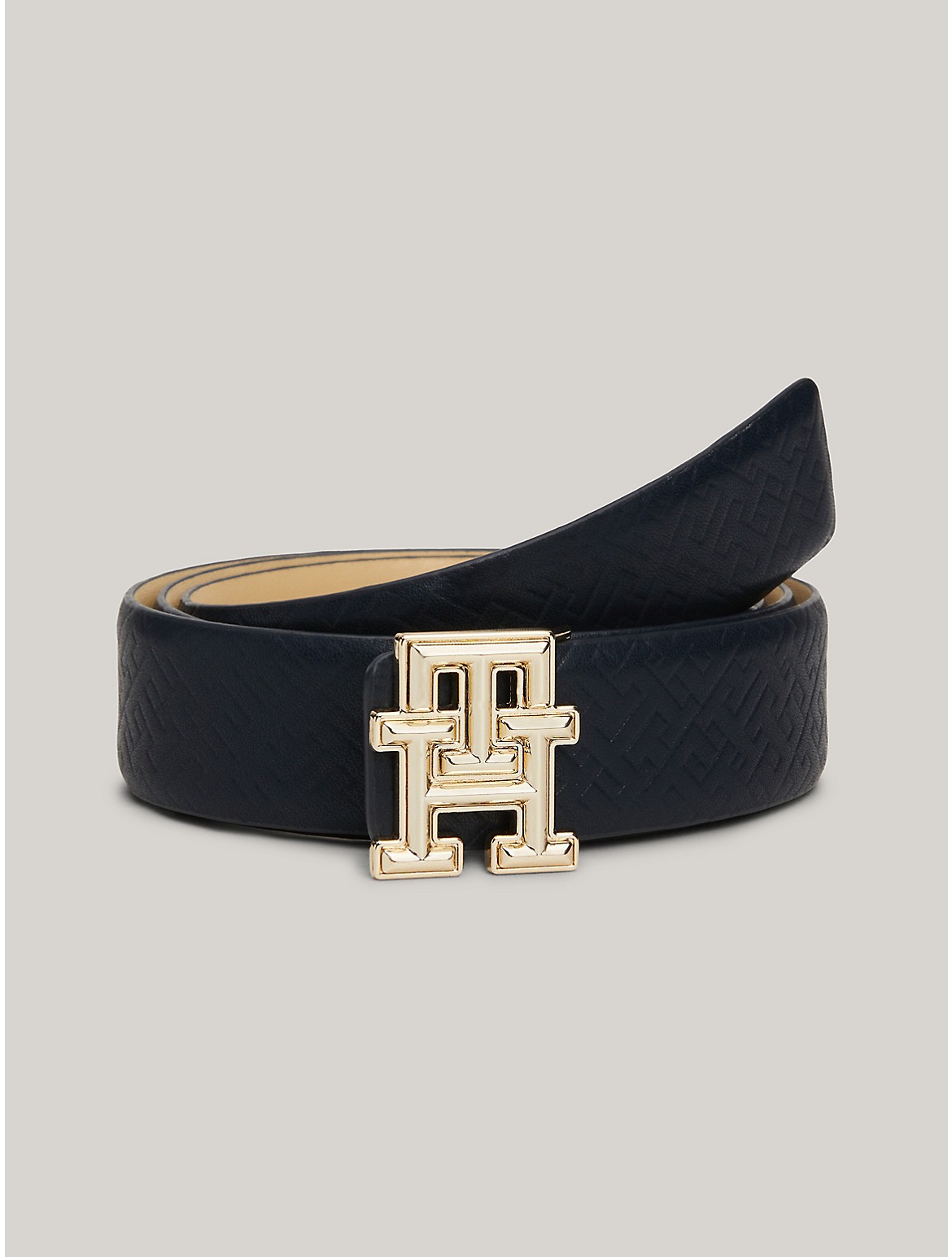 Tommy Hilfiger Th Logo Reversible Leather Belt In Space Blue Monogram / Harvest Wheat