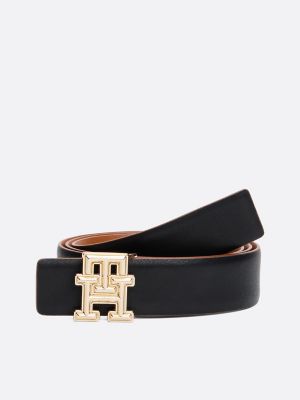 【 】Monogram Buckle Reversible Leather Belt Reversible Black Or Brown Leather Belt With Silver-Tone