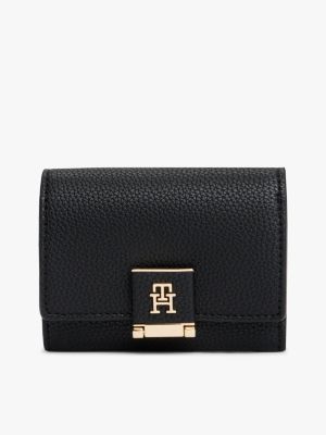 Monogram Clasp Pebbled Trifold Wallet, Black