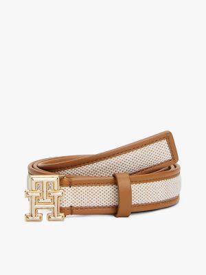 Logo Buckle Contrast-Trim Canvas Belt, Cognac